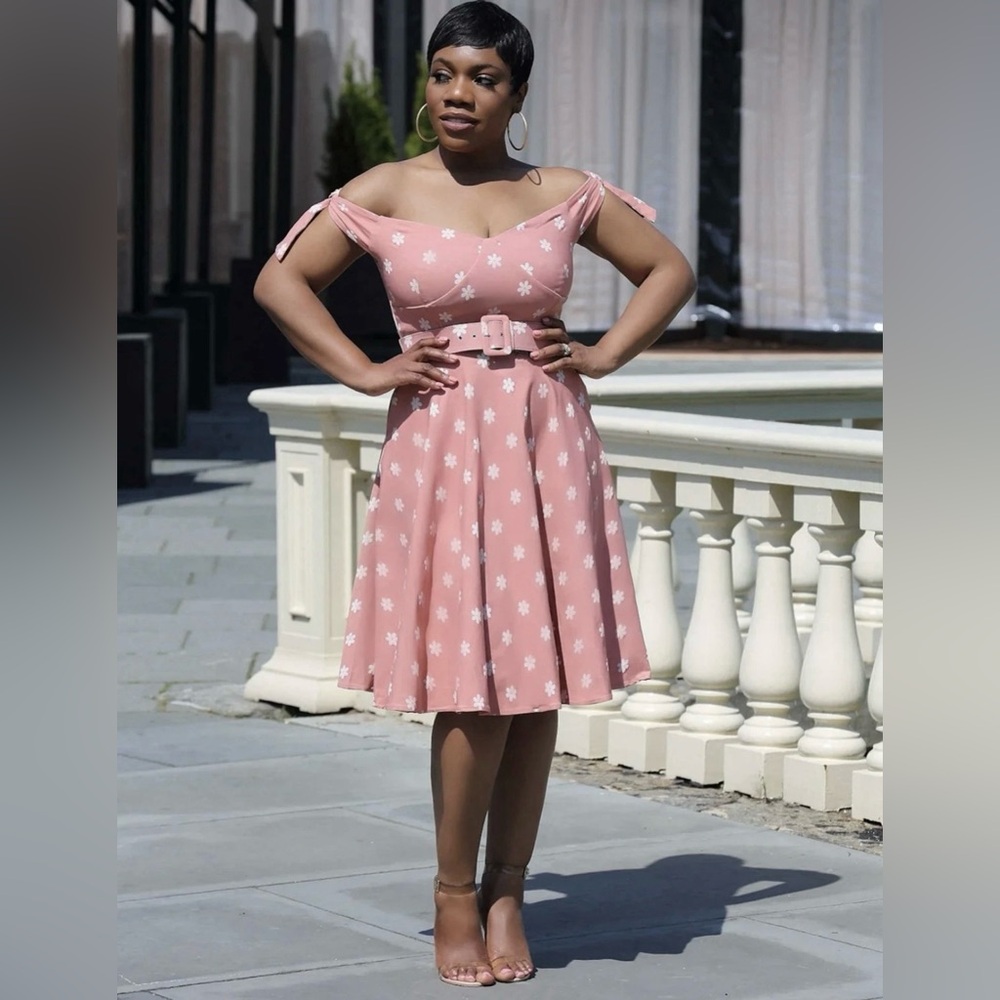 Unique Vintage 50s Prairie Daisy Swing Dress in Powder Pink, Size Large, NWT! - Picture 9 of 16